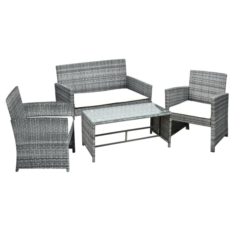 Outsunny Ensemble Salon de Jardin 4 Places : canapé, 2 fauteuils et Table Basse Plateau Verre trempé résine tressée Imitation rotin Gris Coussins Crème